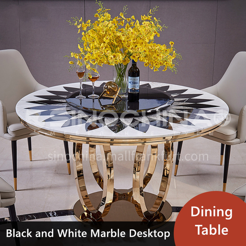 Italian light luxury round dining table stainless steel marble parquet restaurant